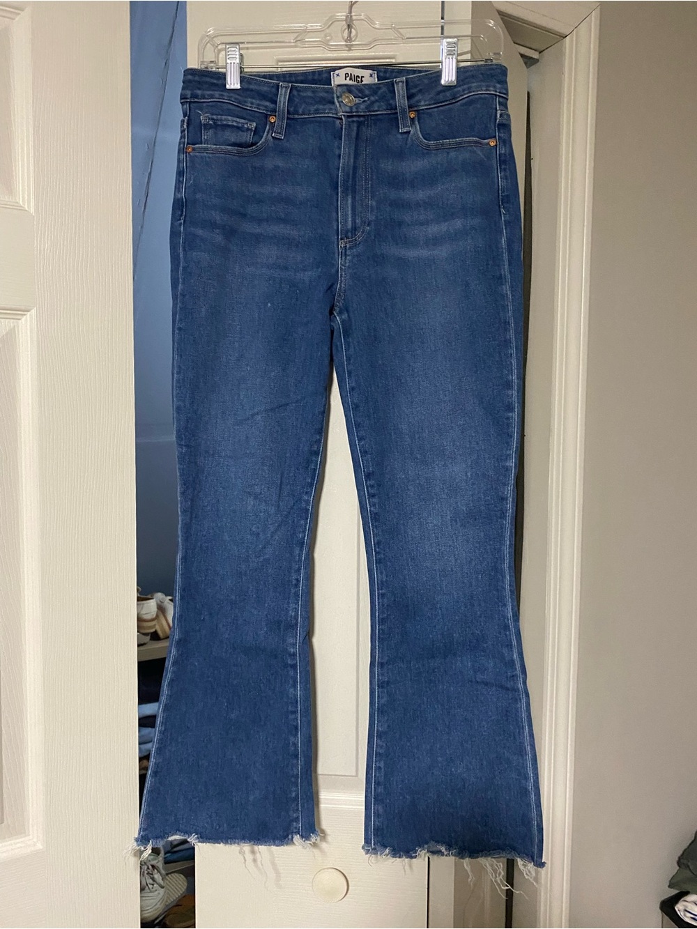 PAIGE Medium Blue Frayed Hem Cropped Wide-Leg Jeans
